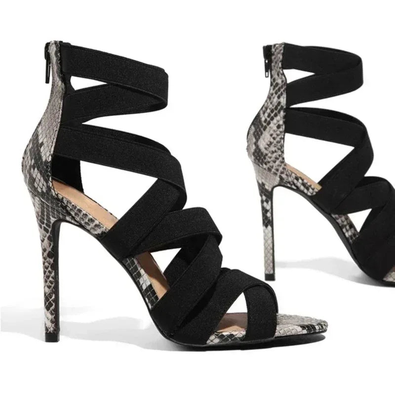 High heels with cross ties snake pattern thin High Heels Sandals - DanaFashionstore