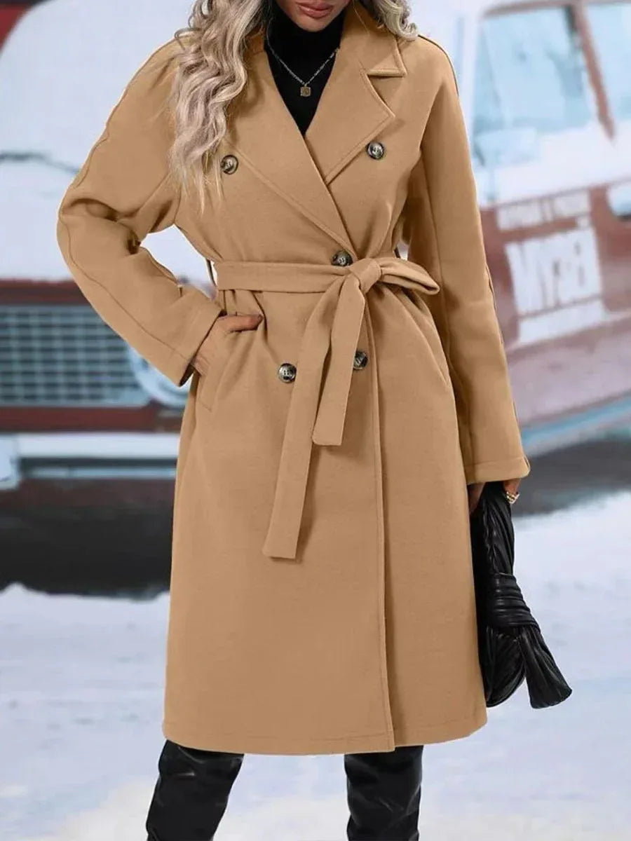 Lapel Double-breasted Trench Coat With Belt Winter Fashion Solid Color Long Jacket Outwear Women Clothing - DanaFashionstore