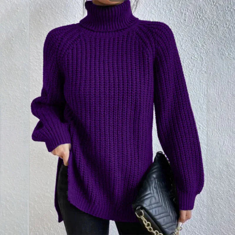 Turtleneck Pullover Sweater With Split Design Fashion Simple Solid Color Long Sleeve Tops Women's Clothing - DanaFashionstore