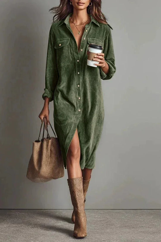 Turn-Down Collar Buttons Chic Casual Dress, Women Spring Autumn Solid Simple Party Dress, Long Sleeve Holiday Ladies Dress - DanaFashionstore