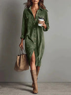 Turn-Down Collar Buttons Chic Casual Dress, Women Spring Autumn Solid Simple Party Dress, Long Sleeve Holiday Ladies Dress - DanaFashionstore