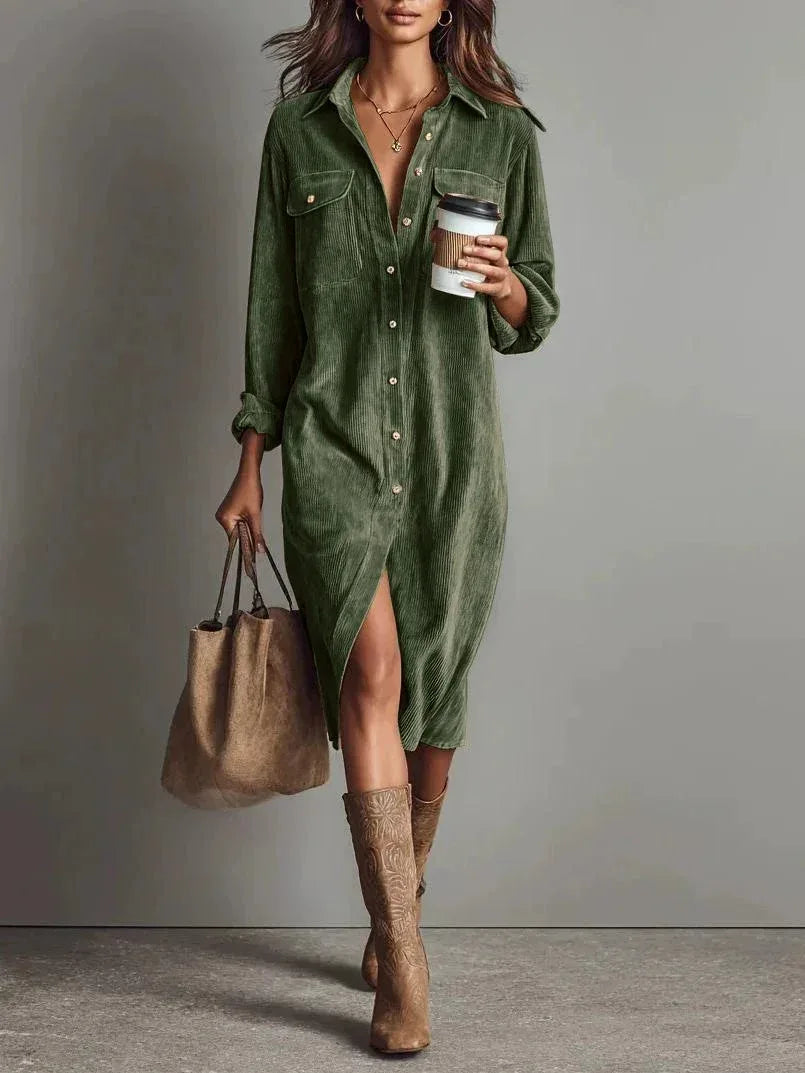 Turn-Down Collar Buttons Chic Casual Dress, Women Spring Autumn Solid Simple Party Dress, Long Sleeve Holiday Ladies Dress - DanaFashionstore