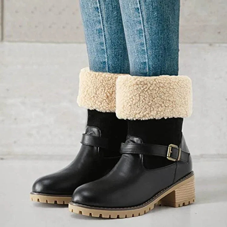 Fashion Boots With Buckle Chunky Heel Shoes Warm Winter Round Toe Western Boots For Women - DanaFashionstore