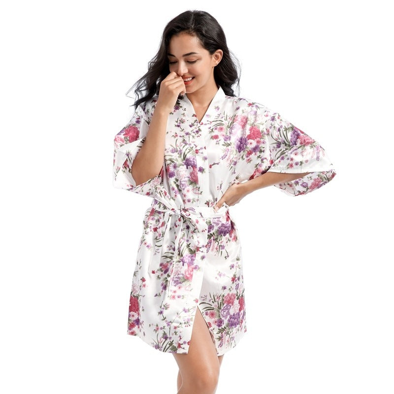 Home Short Cardigan Nightgown Plus Size Loose Silk Printing Morning Gowns - Dana Fashion
