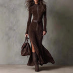 Slim Zipper Dress Elegant Temperament Split Long-sleeved Dresses Cowboy Fashion Retro Women's Clothing - DanaFashionstore