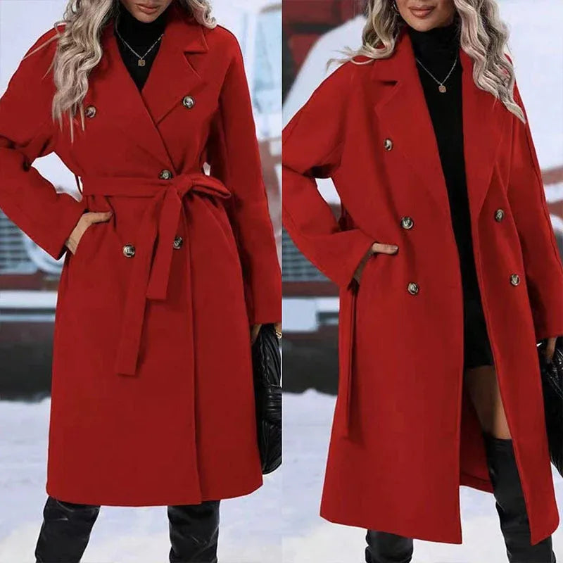 Lapel Double-breasted Trench Coat With Belt Winter Fashion Solid Color Long Jacket Outwear Women Clothing - DanaFashionstore