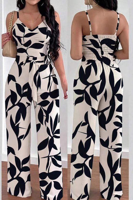 Fashion Floral Print Jumpsuit Elastic Waist Belt Jumpsuit