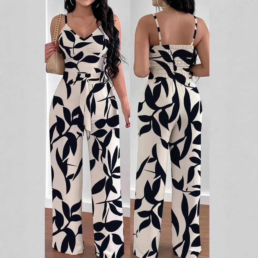 Floral Print Elastic Waist Jumpsuit 2026 - Belt Casual Jumpsuit - DanaFashionstore