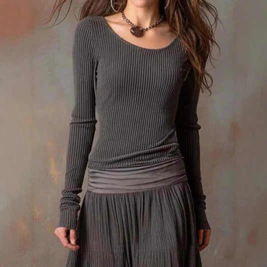 Retro Ribbed Long Dress Long Sleeve Round Neck A-line Skirt - DanaFashionstore