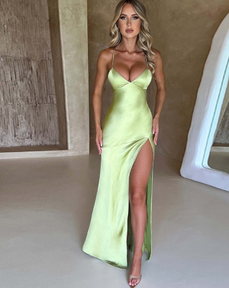 V-neck Satin Slit Backless Long Dress