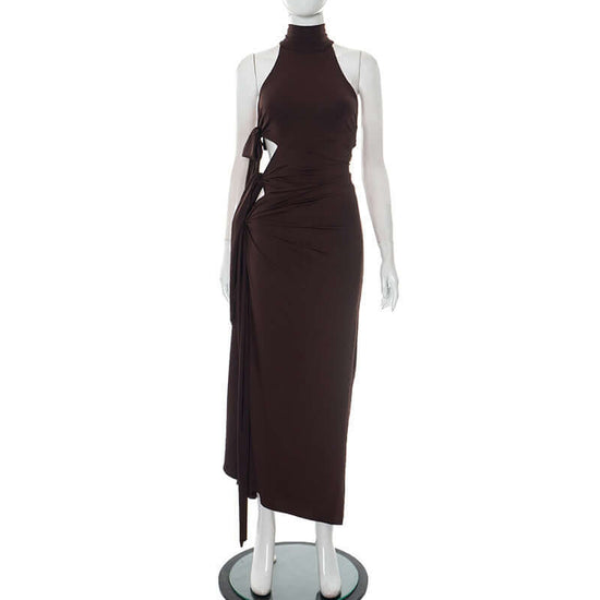 Round Neck Halter Side Hollow Out Tied Sexy Jumpsuit Long Dress $43.02 Dana Fashion Color: Brown Size: L Women's clothing Product information: Skirt type: asymmetric skirt Color: brown, black, light gray Size: S,M,L Style type: street fashion Skirt length