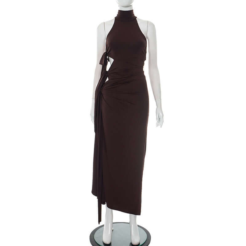 Round Neck Halter Side Hollow Out Tied Sexy Jumpsuit Long Dress $43.02 Dana Fashion Color: Brown Size: L Women's clothing Product information: Skirt type: asymmetric skirt Color: brown, black, light gray Size: S,M,L Style type: street fashion Skirt length