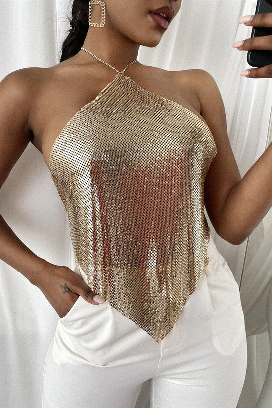 New Solid Color Metal Sexy Hot Girl Halter Sequin Sling Top For Women