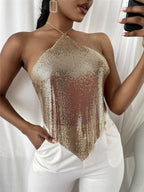 New Solid Color Metal Sexy Hot Girl Halter Sequin Sling Top For Women - DanaFashionstore