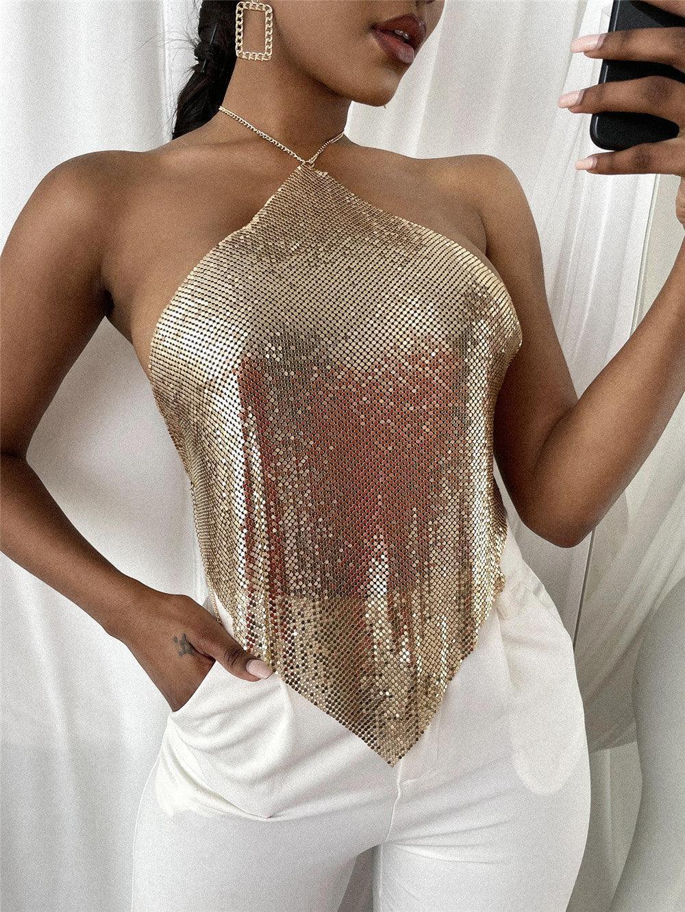 New Solid Color Metal Sexy Hot Girl Halter Sequin Sling Top For Women - DanaFashionstore