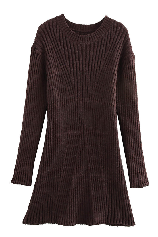 Fashion Solid Ribbed Knitted Dress Fall And Winter Slim-fit Stand-up Collar A-line Dresses Women's Clothing