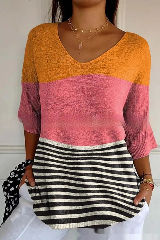 New Fashion Casual V-neck 3D Printed Geometric Pattern Half Sleeve T-shirt Top For Women