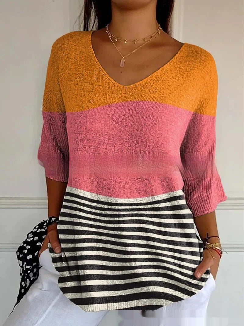 New Fashion Casual V-neck 3D Printed Geometric Pattern Half Sleeve T-shirt Top For Women