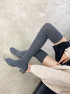 Womens Thigh High Stretch Breathable Pointed Toe Rhinestone Thick Heel Knitting Sock Boots - DanaFashionstore