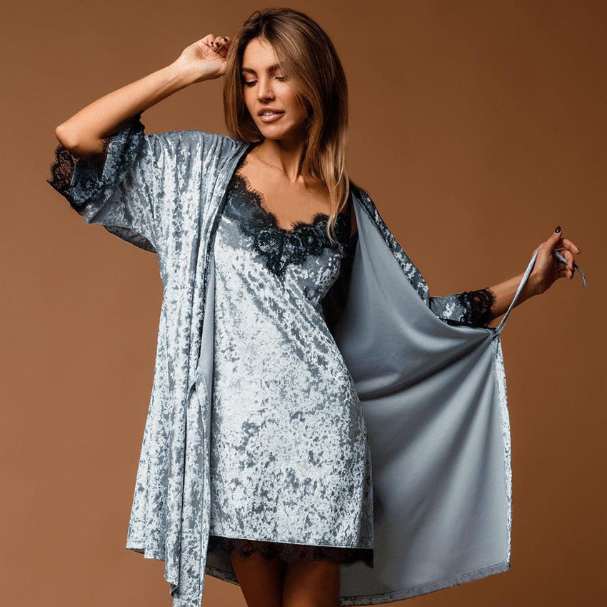 Gold Velvet Sling Lace Mid-length Nightdress Cardigan Waist Waist Nightgown - Dana Fashion