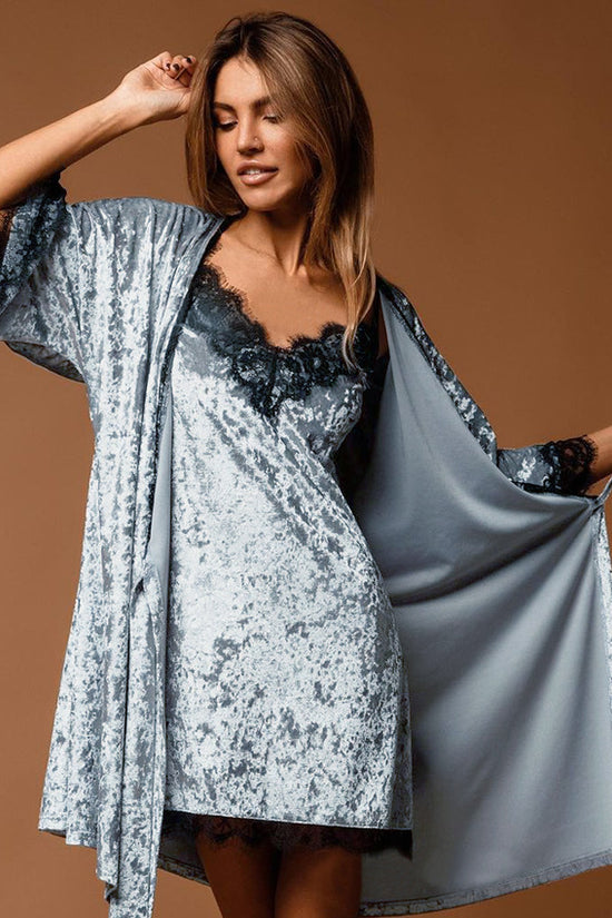 Gold Velvet Sling Lace Mid-length Nightdress Cardigan Waist Waist Nightgown - Dana Fashion