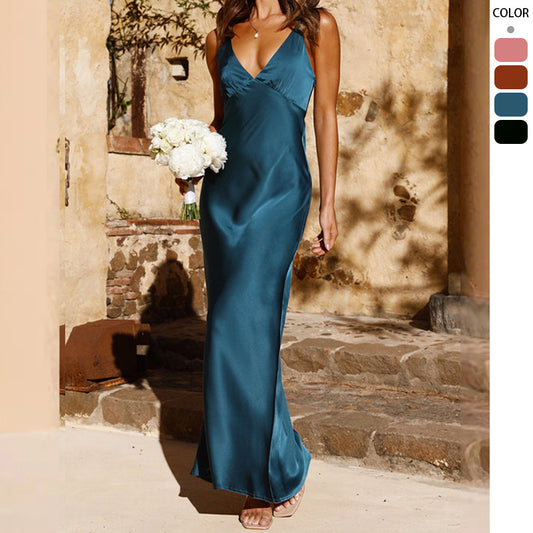 Fashion Sexy Long V-neck Sleeveless Split Backless Sling Dress