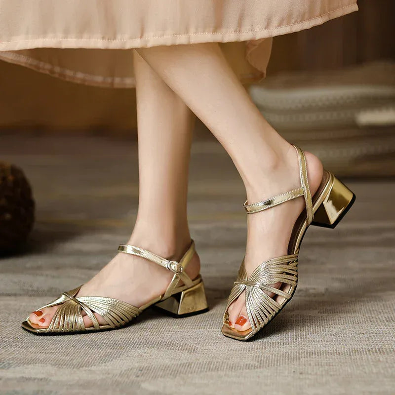 Thick Mid Heel Square Toe Open Toe Buckle Strap Peep Toe Sandals - DanaFashionstore