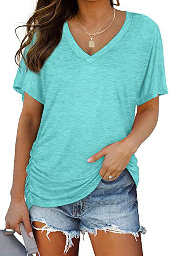 European And American T-shirt Solid Color Casual Loose-fitting V-neck Top
