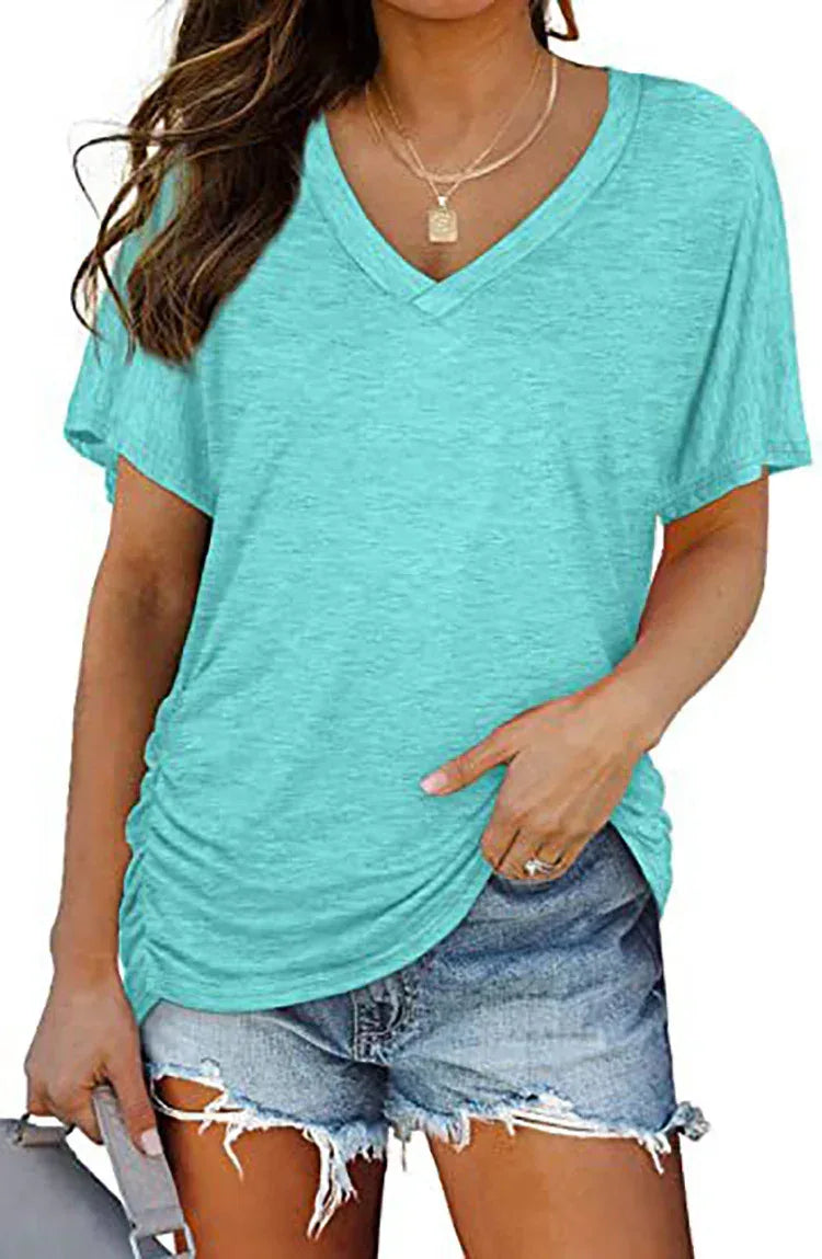 European And American T-shirt Solid Color Casual Loose-fitting V-neck Top - DanaFashionstore