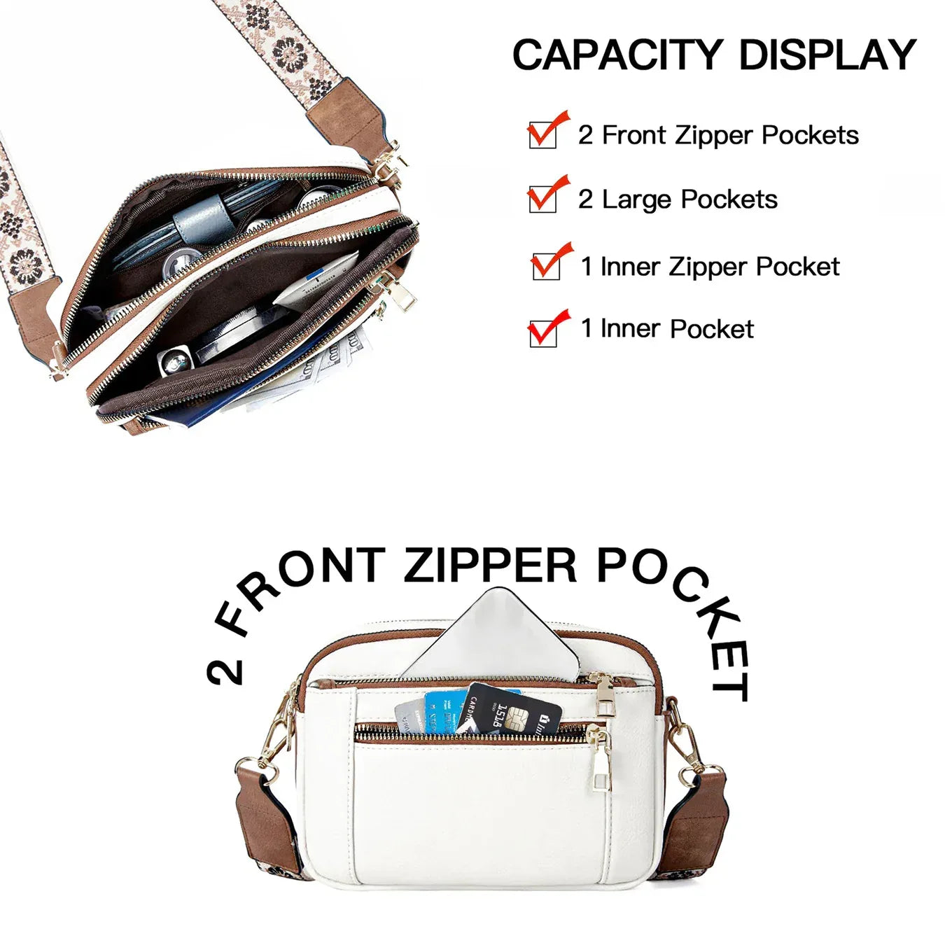 Triple-zipper Shoulder Bag With Floral Embroidered Straps Fashion Colorblock Multi-functional Crossbody Bags For Women - DanaFashionstore