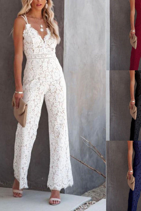 Solid Color Lace Stitching Sleeveless Casual Suspender Jumpsuit