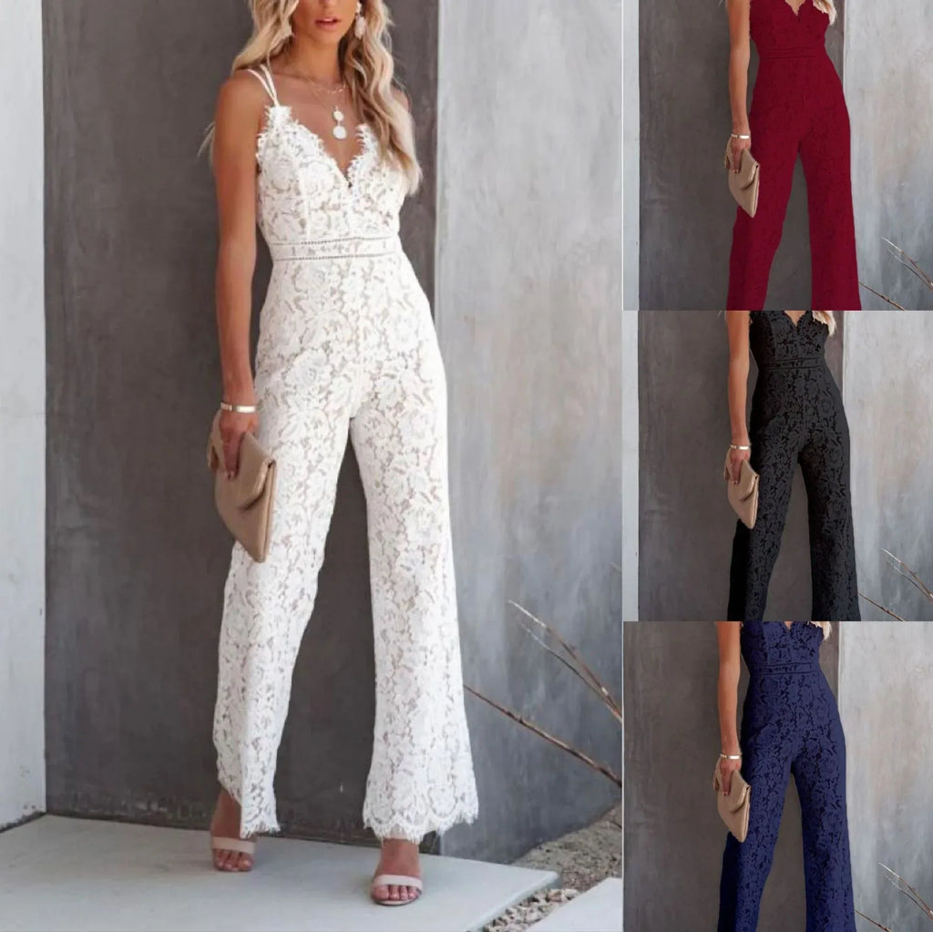 Solid Color Lace Stitching Sleeveless Casual Suspender Jumpsuit - DanaFashionstore