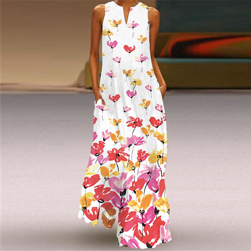 Butterfly Print Long Dress V-Neck Sleeveless