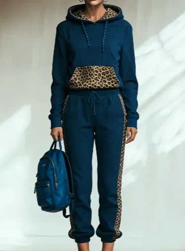Leopard Print Patchwork Hooded Sweatshirt Set - DanaFashionstore