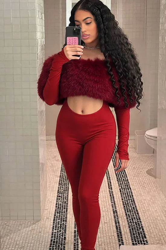 New Women's Off-shoulder Furry Stitching Sexy Midriff-baring Long Sleeve Jumpsuit - DanaFashionstore