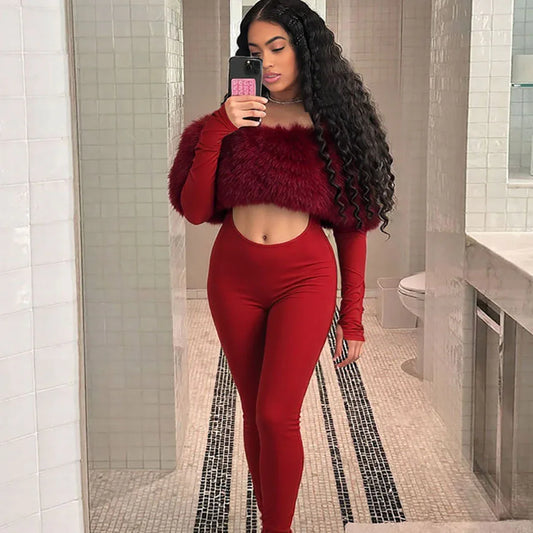 New Women's Off-shoulder Furry Stitching Sexy Midriff-baring Long Sleeve Jumpsuit - DanaFashionstore