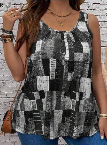 Plus Size Women's Summer Geometric Printed Round Neck Pleated Casual Tank Top - DanaFashionstore
