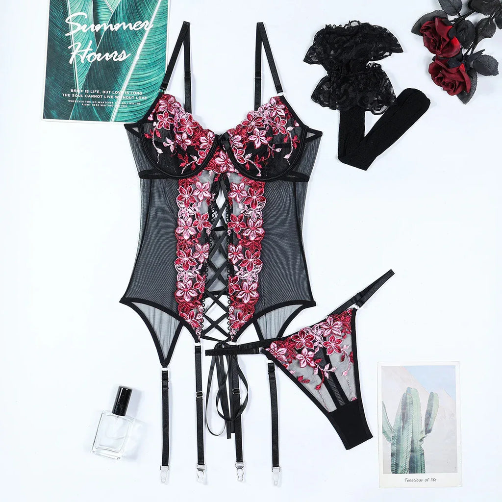 Embroidered Split Sexy Suspenders Underwear Overall Dress Suit Stockings Three-piece Set - DanaFashionstore
