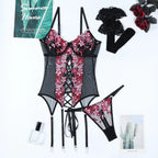 Embroidered Split Sexy Suspenders Underwear Overall Dress Suit Stockings Three-piece Set - DanaFashionstore