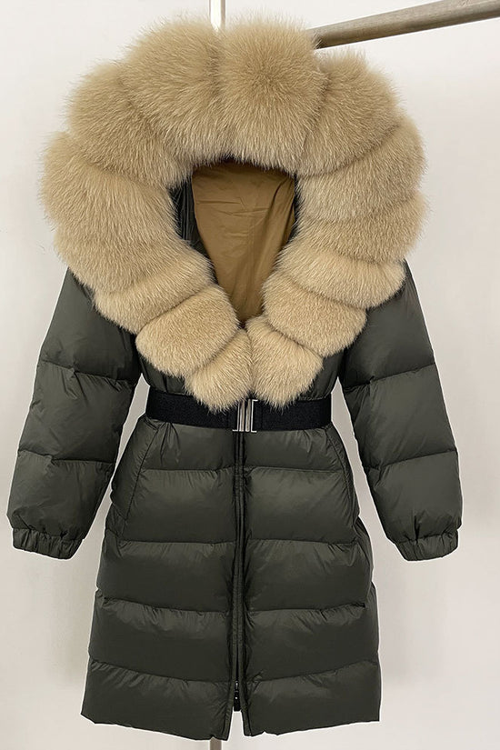 Women's Long Cinched Hoodie Real Fox Fur Collar Coat