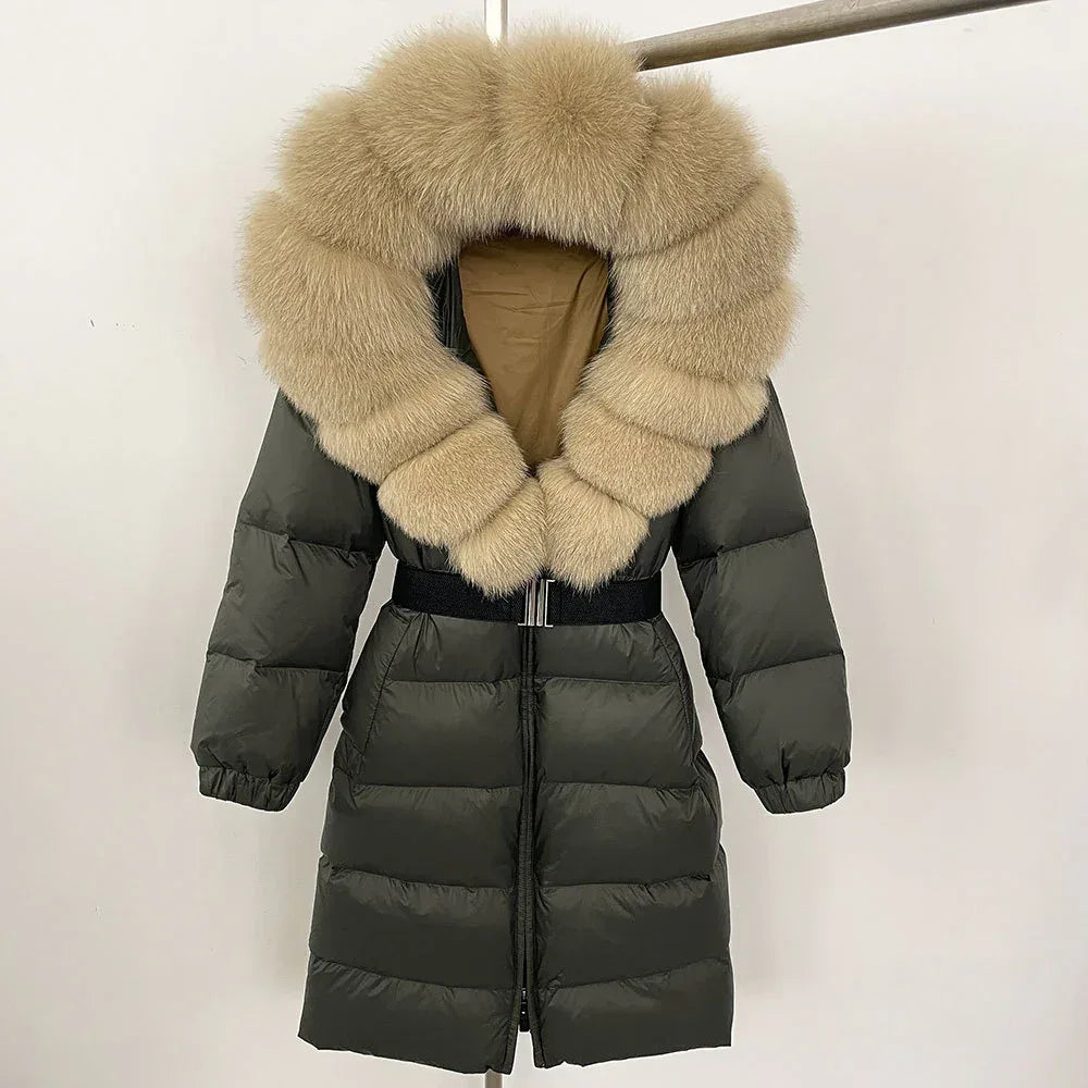 Women's Long Cinched Hoodie Real Fox Fur Collar Coat 2026 - Winter Jacket - DanaFashionstore