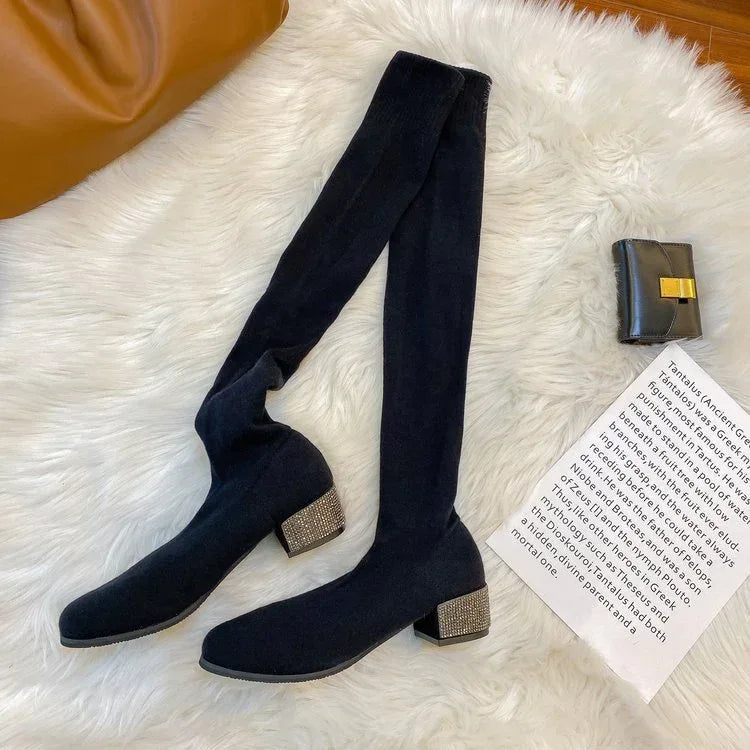 Womens Thigh High Stretch Breathable Pointed Toe Rhinestone Thick Heel Knitting Sock Boots - DanaFashionstore