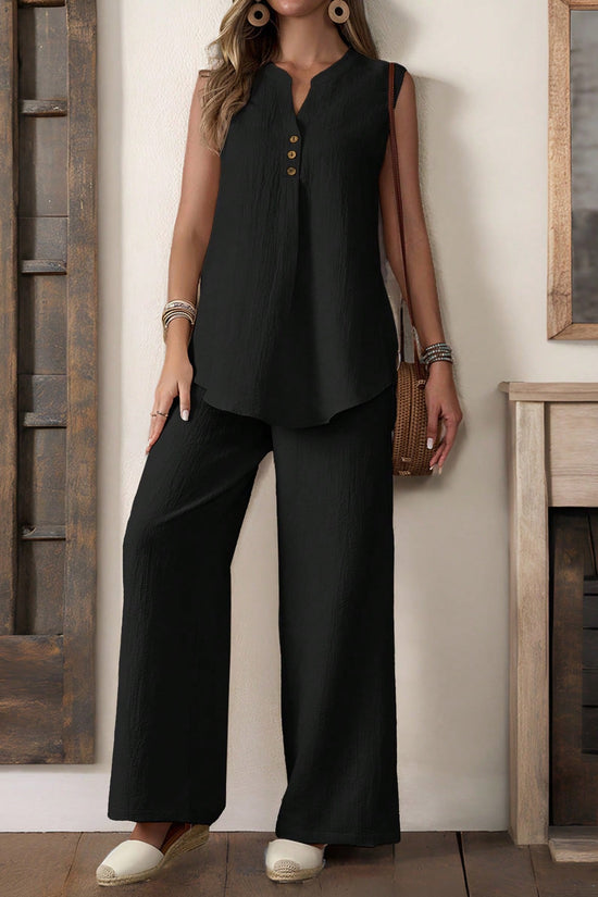 Women Sleeveless Textured Vest And Wide-Leg Button Front Pants Set