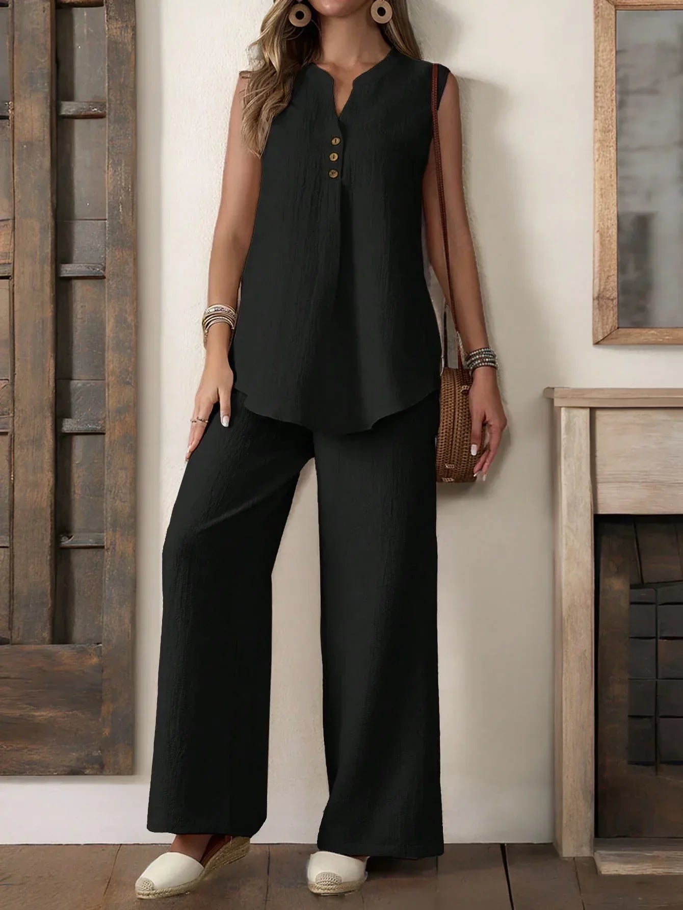 Women Sleeveless Textured Vest And Wide-Leg Button Front Pants Set - DanaFashionstore