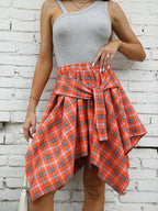 Women's Fashion Irregular High Waist Plaid Tie-Sleeve Skirt