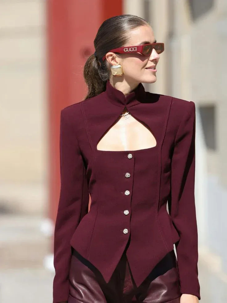 Burgundy Stand Collar Long Sleeve Top - DanaFashionstore