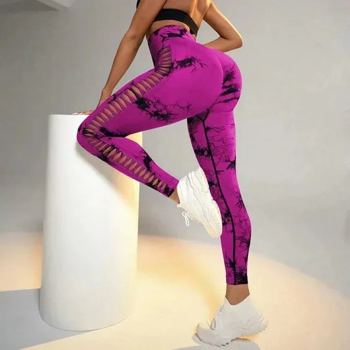 Hollow Tie Dye Printed Yoga Pants High Waist Butt Lift Seamless Sports Gym Fitness Leggings Slim Pants For Women Tight Trousers - DanaFashionstore