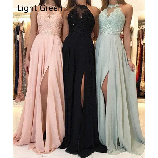 Halter Lace Chiffon Dress Prom Evening Dress Split Long Skirt - DanaFashionstore