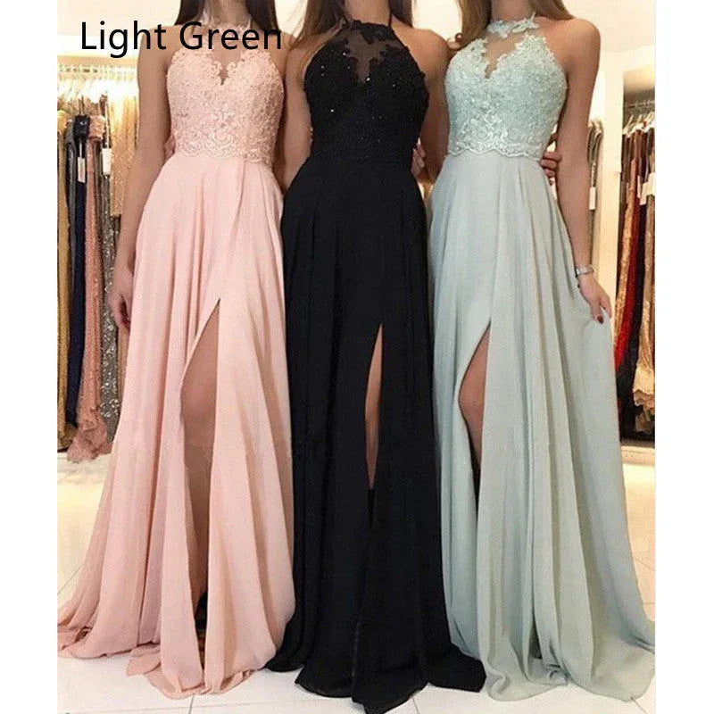 Halter Lace Chiffon Dress Prom Evening Dress Split Long Skirt - DanaFashionstore
