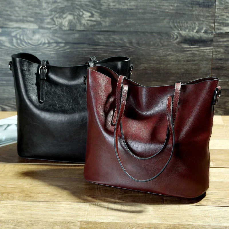 Simple Oil Wax Leather Messenger Shoulder Bags Women's High Capacity Portable Tote Bag - DanaFashionstore
